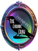 A silhouette of a crow on a rainbow frame on top of the crow it says the chronic crow.