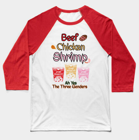 BCS Black Tee a black tee hanging in a tree and on the tee it says, "beef, chicken, shrimp ah yes the three genders." the tone is sily and the colors are the trans flag colors.