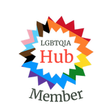 A sticker in the progressive lgbtqiap flag as a starburst within it says LGBTQIA Hub Member